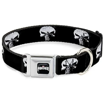 Image of Dog Collar Seatbelt Buckle Punisher 2017 Series Icon Black White 18 to 32 Inches 1.5 Inch Wide, DC WPS015 WL