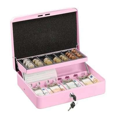 Image of Relaxdays Cash Box, Coin Counter Tray Lockable Portable Change &amp; Notes, H x W D: 8.5 30.5 24.5 cm, Iron, Pink