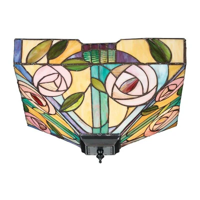 Image of 2 Light Medium Ceiling Flush Dark Bronze, Tiffany Style Glass, E27