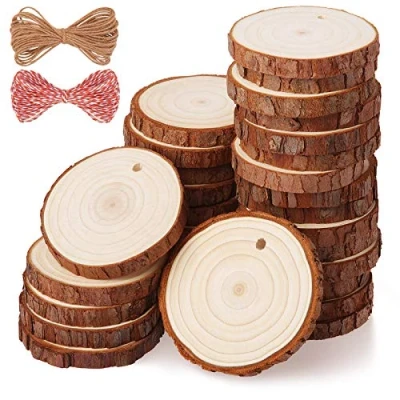 Image of Fuyit Wood Slices 30 Pcs 5 6cm Drilled Hole Natural Unfinished Log Wooden Circles for DIY Crafts Wedding Decorations Christmas Ornaments with Free Gifts