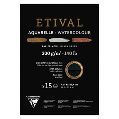 Image of Clairefontaine Ref 975320C Etival Cold Pressed Black Watercolour Painting &amp; Drawing Pad (15 Sheets of Paper) A2 (59.4 x 42cm) 300gsm Cellulose Art Paper