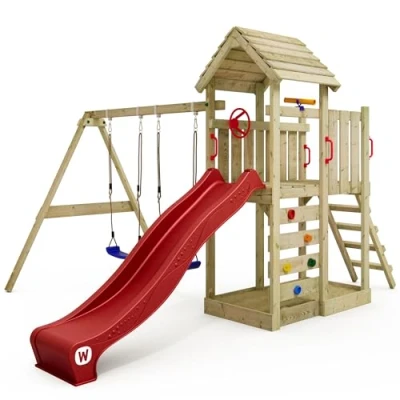Image of WICKEY wooden climbing frame MultiFlyer with roof, swing set &amp; red slide, Outdoor kids playhouse sandpit, ladder play accessories for the garden