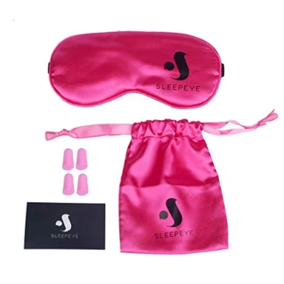Image of Sleep Mask Ear Plug Travel Set Pink Silk Sleeping Eye Soft Natural Cotton Filled Adjustable Strap with Carry Bag