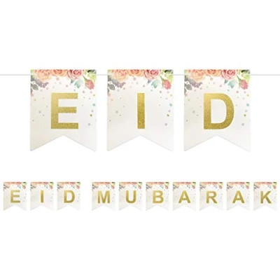 Image of Eid Mubarak Card Hanging Bunting Banner Decoration White Floral Gold Letter 2m