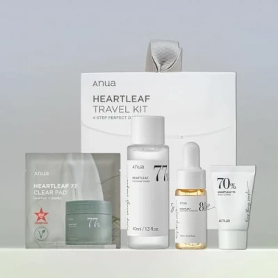 Image of Anua heartleaf smoothing trial Korean kit travel size, gift set with 77 clear pad, heartleaf77% toner and daily lotion &amp; 80 moisture soothing ampoule, skin care