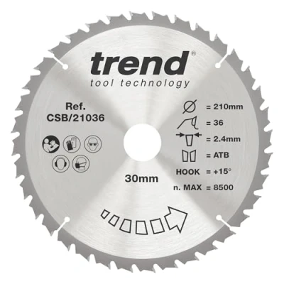 Image of Trend Wood Circular Saw Blade, 210mm Diameter, 30mm Bore, 36 Teeth, TCT, 2.4mm Kerf, +15 Hook, CSB/21036