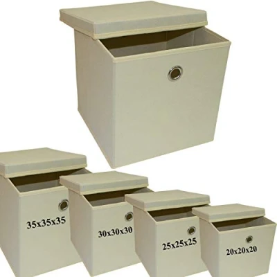Image of A4O6 Fabric Foldable Storage Cubes Boxes Non woven Cloth organisers Basket Square Folding Box Collapsible Kids Toys Drawer (Beige, 25x25x25cm)