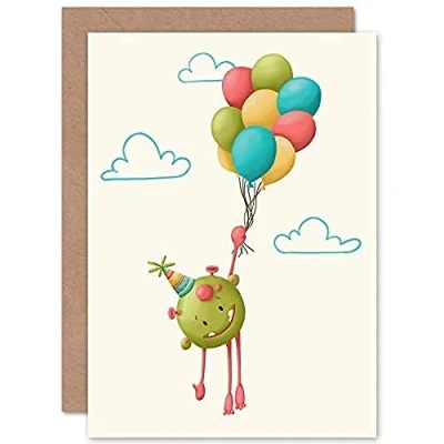 Image of Wee Blue Coo Wild Monsters Hugo Balloons Sealed Greeting Card Plus Envelope Blank inside