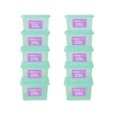 Image of Wham Plastic Storage Boxes With Lids Home Office Stackable Nestable Container Box, 25L Easy fit Underbed Protective 42.5 x 33 25.5 cm Tint Spearmint (Set of 10)
