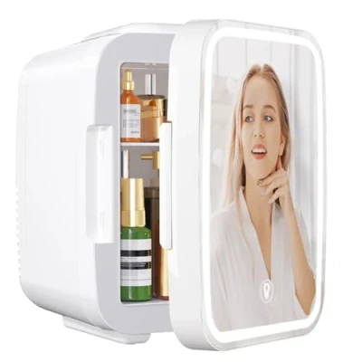 Image of YASHE Mini Fridge for Bedroom, Skincare with LED Light Mirror, 4L Small Portable,220V AC/ 12V DC Thermoelectric Warmer &amp; Cooler Car Office Dorm (White)