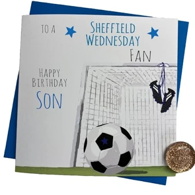 Image of WHITE COTTON CARDS VARIOUS RELATIONS Sheffield Wednesday Owls FC Football Club Fan Birthday Card BALL &amp; NET DESIGN (FFN36 RE)