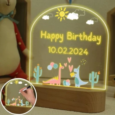 Image of uniqicon Personalised Baby Girl Gifts, Love Dino Night Lights, Acrylic Led Light Up Writing Message Board with Wooden Base, Custom Gifts for Birthday, Children&#039;s Day