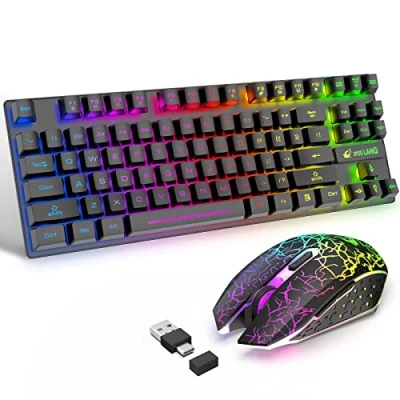 Image of T87 Upgrade 87 Keys Wireless Keyboard Mouse Combo, Rainbow Backlit 2.4G Rechargeable Mechanical Feel Gaming +2400DPI 6 Buttons Optical LED Mouse+Free Pads (Black)