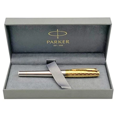 Image of Parker Urban Premium Metal Fountain Pen Aureate Gold Powder with Intricate Engraved Pattern Trims Medium Nib Black Ink Luxury Gift Box