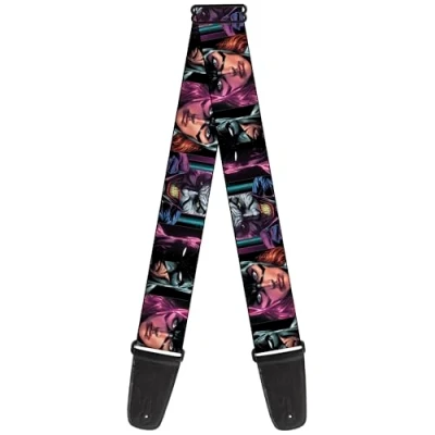 Image of Buckle Down DC Comics Guitar Strap, Batman Batgirl and Joker Comic Book Cover Face Close Ups Black, 2 Inches Wide, 2&quot; Wide 29 54&quot; Length
