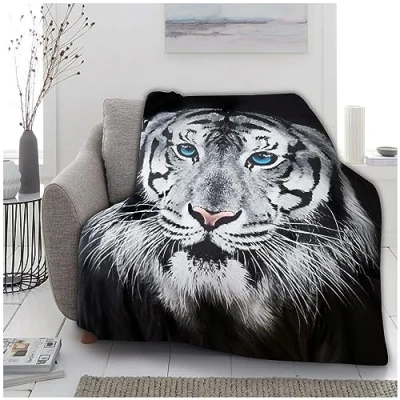 Image of VELVETIO Luxurious 3D Tiger Face White Fleece Throw, Ultra Soft Animal Print Sofa Bed Blankets, Extra Large Cuddly &amp; Fluffy Blanket For Settee, 150 x 200cm
