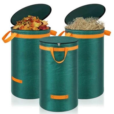 Image of Eurhomewit 3 Pcs Green Garden Waste Bags 120L, Refuse Heavy Duty with Handles and Lid, Large Sacks Reusable for Waste, Grass Leaves