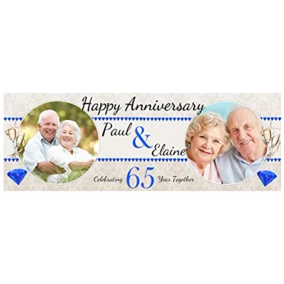 Image of Personalised Giant Jumbo Blue 65th Wedding Anniversary Photo Poster Banner N28 Congratulations Large 5.5ft x 1.9ft