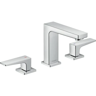Image of hansgrohe Metropol 3 hole basin mixer 110 with lever handle and push open waste, chrome, 32514000