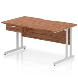 Image of Impulse 1400 x 800mm Scalloped Edge Straight Office Desk Walnut Top Silver Cantilever Leg Workstation 1 Drawer Fixed Pedestal