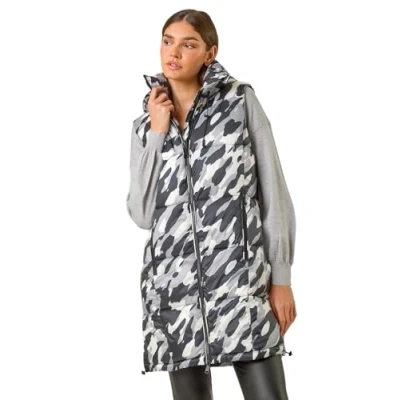 Image of Roman Originals Quilted Gilet with Hood for Women UK Ladies Sleeveless Coat Hooded Jacket Padded Bodywarmer Winter Lightweight Warm Autumn Funnel Neck Longline Soft Bubbly Light Grey Size 12