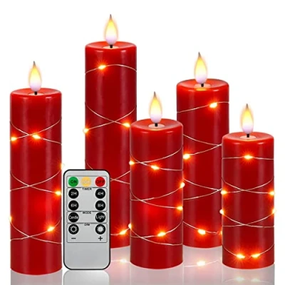 Image of Fanzir Red Flameless Candle with Remote Control LED String Lights Battery Powered 13 14 16 18 20cm Candles of 5 Pcs