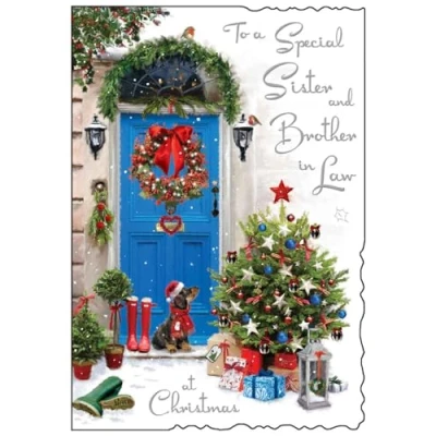 Image of Sister and Brother in Law Christmas Card Festive Front Door Dachshund Artistic Dog Design Special Finishes Illustrated Insert Leaf Made the UK
