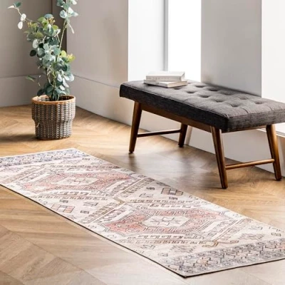 Image of nuLOOM 2&#039; x 10&#039; SpinClean Machine Washable Stain Resistant Area Rug with Non Slip Backing, Low Profile for Living Room, Bedroom, and Dining Mae Peach
