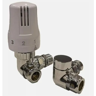 Image of Corner Angled Thermostatic Radiator Valve with Lockshield TRV Chrome White 15mm Pack Set