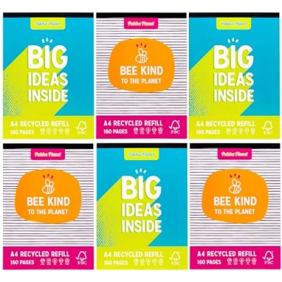 Image of Pukka Planet A4 Refill Pad Pack of 6 in 2 Assorted Designs Tape Head Bound Notepads for Easy Tear Out with 160 Pages, 80 Sheets 60GSM Lined FSC Paper, Margins, &amp; 4 Hole Punch Fully Recyclable