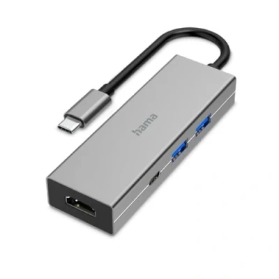 Image of Hama USB C Hub 4 Ports (multiport adapter 1x HDMI 4K Ultra HD for monitor or projector, 2x A, data transfer, charging with PD, in 1 office home office) aluminum