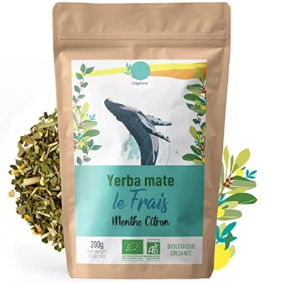 Image of ORIGEENS Organic Yerba MATE TEA With Mint and Lemon 200g Le Frais Unroasted Mate, Leaves, Without Stalks or Dust Energy Detox Drink