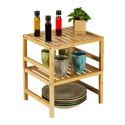 Image of Relaxdays Cupboard Insert, 2X Set, Bamboo, HxWxD: 20 x 35.5 30.5 cm, Shelf Rack for Worktop &amp; Kitchen Cabinet, Natural