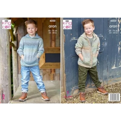 Image of King Cole Aran Knitting Pattern 6222 Children&#039;s Hooded Sweater &amp; Cardigan