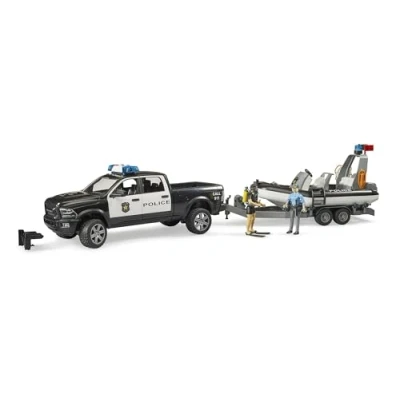 Image of bruder 02507 RAM 2500 Police Pick up, Light and Sound Module, Trailer with Boat, 2 Figures 1:16 Emergency Car Service Officer Diver Off Road Vehicle Inflatable Boat Bworld Toy