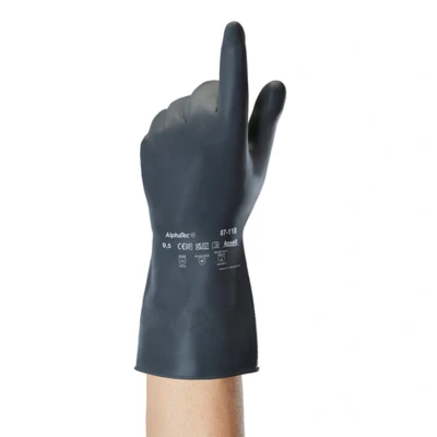 Image of Ansell AlphaTec 87 118 Chemical Resistant Gloves in Latex, Heavy Duty Protection against Splash, Acids and Solvents, Reusable Rubber Latex Gloves, Cotton Flocked, Black, Size XS (12 Pairs)