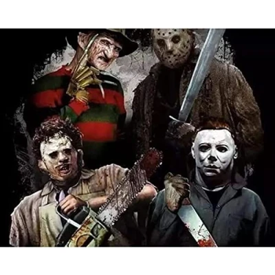 Image of WANGMAOMAO Paint by Numbers for Adults Children Four classic horror movie characters 16x20 Inch Linen Canvas Acrylic DIY Number Painting Kits Wall Art Decor Gifts with frame