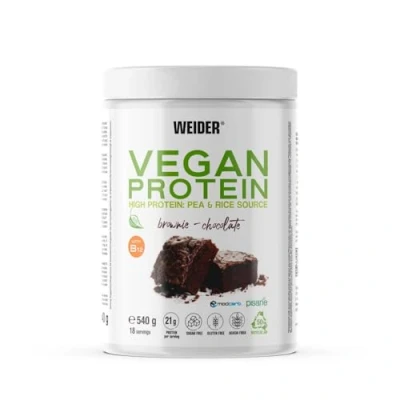 Image of Weider Vegan Protein (540g) Brownie Chocolate Flavour. Quality 100% Plant Based 21g/Serving, Pea Isolate (Pisane) &amp; Rice. with Vitamin B12 Stevia. Gluten Free, No Sugar. (18 Servings)