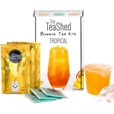 Image of Bubble Tea Kit Gift Box Tropical Flavour Mango Syrup, Passion Fruit Popping Boba, Premium and Paper Straws Makes 3 Teas Vegan by THE TEASHED