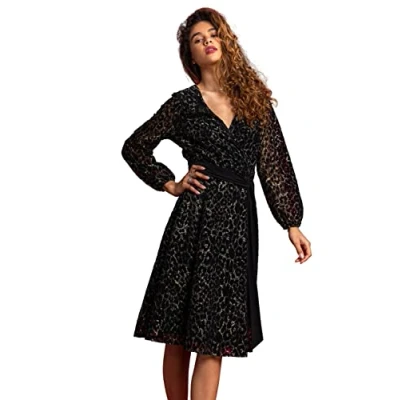 Image of Roman Originals Women Shimmer Animal Print Lace Wrap Dress Ladies Spring Everyday Summer Evening Vacation Work Smart Casual Holiday Long Sleeve Cruise Black Size 12