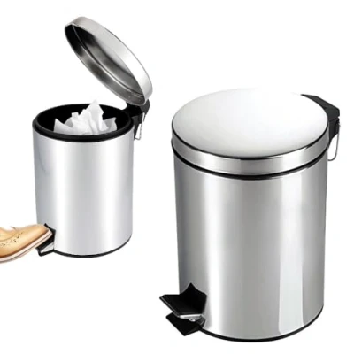 Image of 20 Litre Metal Chrome Pedal Bin Toilet Rubbish Trash Hygienic Paper Dustbin Waste, Garbage For Home, Bathroom, Bedroom, Office, Kitchen Strong Stainless Steel Silent, Stay Open Lid (20l)
