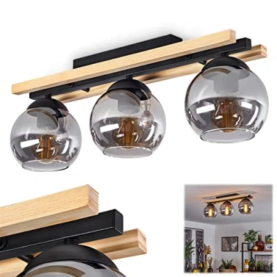 Image of Podre Ceiling Light, Modern lamp Made of Metal/Wood/Glass in Black/Nature/Smoke Colours, Light Vintage Design with lampshades Smoked Glass (Ø15cm), 3 Flame, 3X E27, no Bulbs