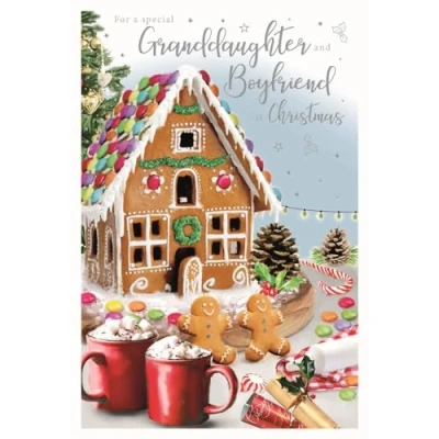 Image of ICG Special Granddaughter and Boyfriend Christmas Card Gingerbread House Embossed with Foil Flitter Details