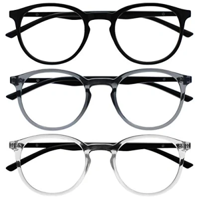 Image of OPULIZE Met Reading Glasses 3 Pack Slim Round Frame Scratch Resistant Spring Hinges Black Grey Transparent Mens Womens RRR60 17C +1.00