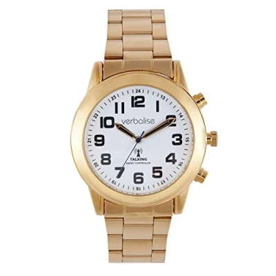 Image of Verbalise Mens Radio Controlled Talking Calendar Watch with Gold Plated Case and Bracelet Strap, Clear English VMRC 80BG Speaking Male Voice Ideal for The Visually impaired, Blind Elderly