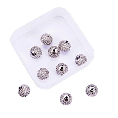 Image of NBEADS 1 Box of 10 Pcs 10mm Crystal Cubic Zirconia Pave Micro Setting Round Beads Disco Ball Spacer Brass Bracelet Connector Charms for Jewelry Making, Platinum Color