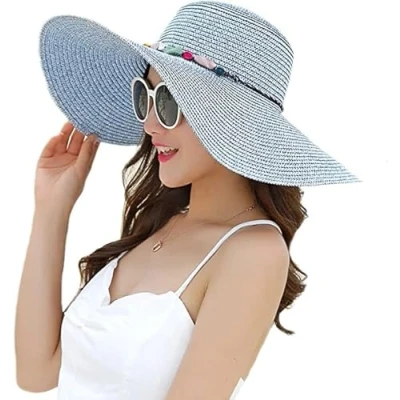 Image of BABAHU Women Foldable Floppy Wide Brim Straw Sun Hat Summer Beach UV UPF 50+