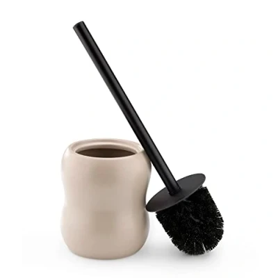 Image of Navaris Toilet Brush &amp; Ceramic Holder Loo Cleaner and Base Set WC Scrubber Stand for Lavatory/Bathroom Beige