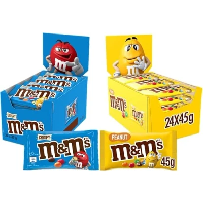Image of M&amp;Ms Crispy &amp; Peanut Bulk Box, Milk Chocolate Gifts Movie Night Snacks, 24x36g Crispy, 24x45g (48 bags in total)