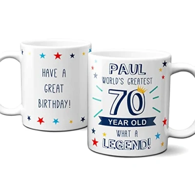 Image of Thoughtful Gifts Personalised World’s Greatest Age 70 Mug, 70th Birthday, Mug for Year Old Man, Cup Gift Old. Add Name and Message